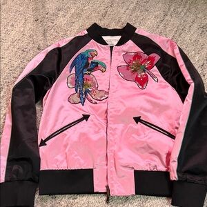 Valentino SZ 40 Pink and Black Bomber Jacket with Parrot and Floral Embroidery